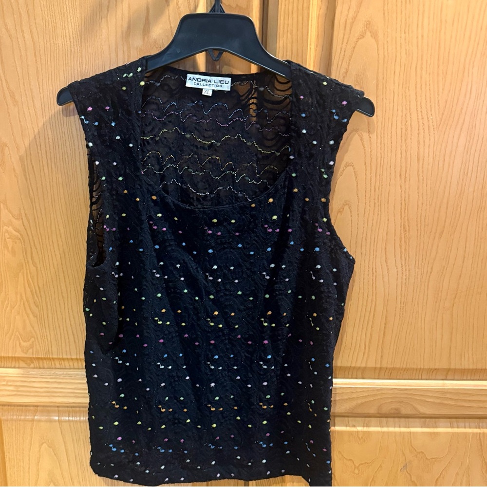 Andria Lieu Two Piece Blouse Tank Set Black Lace With Multicolor Polka Dots XL - Picture 3 of 6